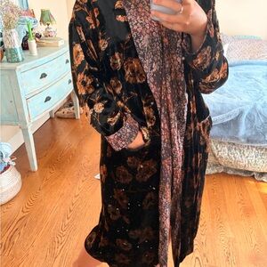 Free People Black and Brown Floral Velvet Robe